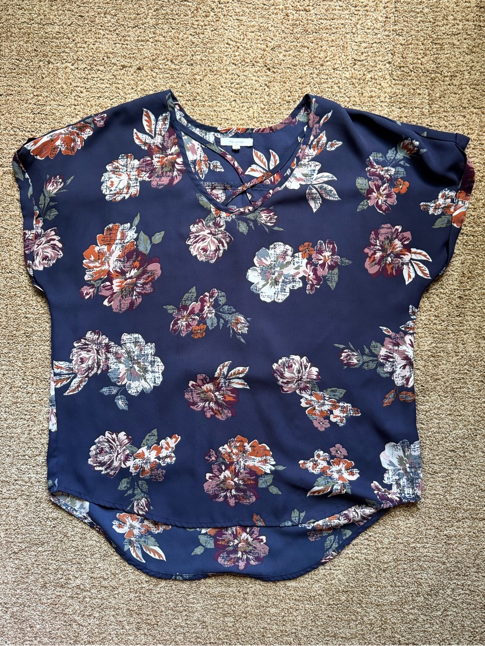 Maurices Navy Floral Crisscross V-Neck Blouse